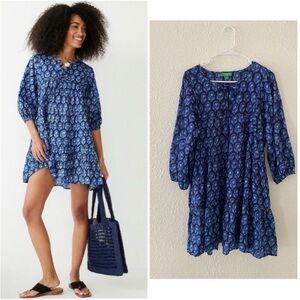 J Crew Cotton voile cover-up mini dress in navy blue bouquet block print